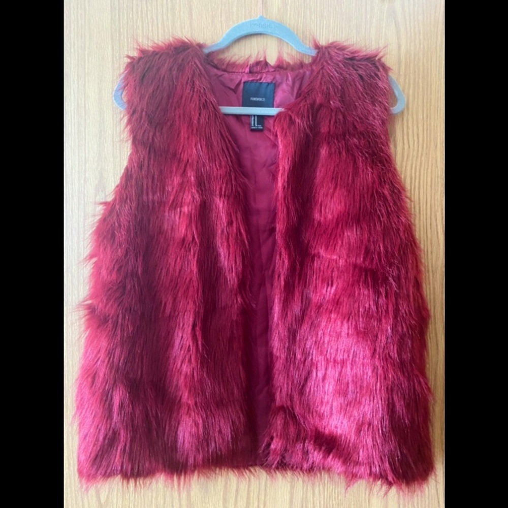 Forever 21 Wine Red Faux Fur Vest Jacket